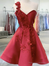 Burgundy Satin One Shoulder 3D Appliques Homecoming Dress